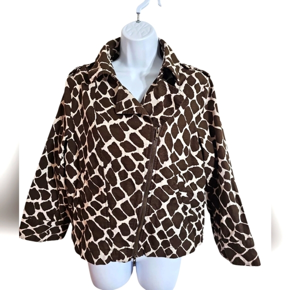 Chaus Size 6 Brown Cheetah Print Asymmetrical Zipper Denim Moto Jacket Vintage - Picture 1 of 6